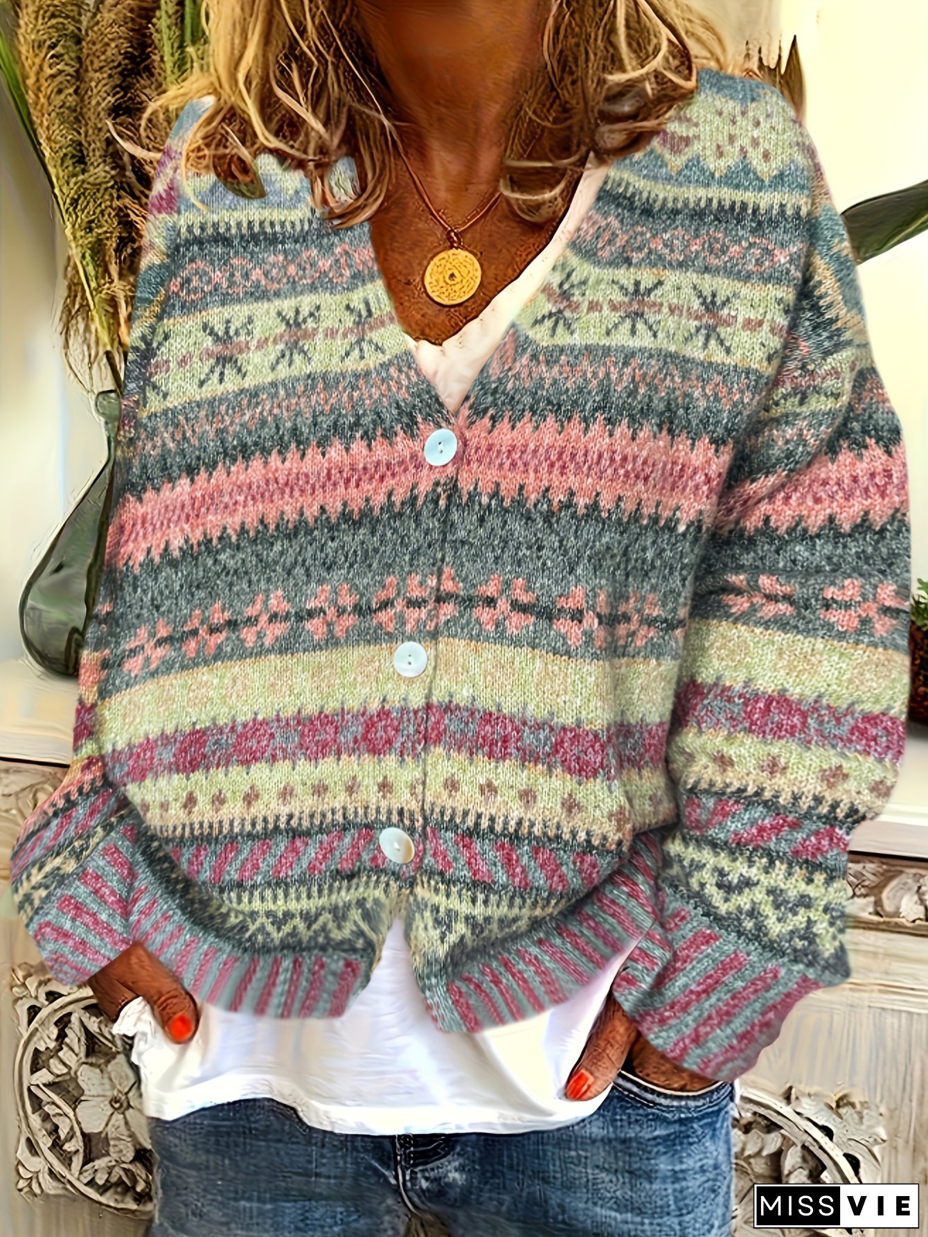 Women's Retro Striped Sweater - Loose Fit Open Front Long Sleeve with Color-Blocking & Button Detail, Soft Warm Fall Winter Casual Chic Tops, Cute Sweater, Autumn Wardrobe, Colorblock Design, Durable Fabric, Elegant Pattern