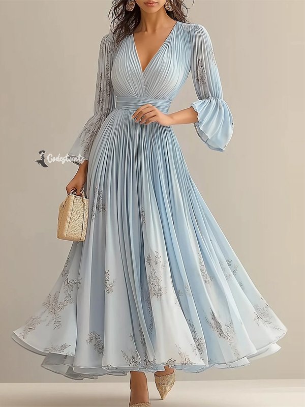 Elegant Floral Bell Sleeve Printing Maxi Dress