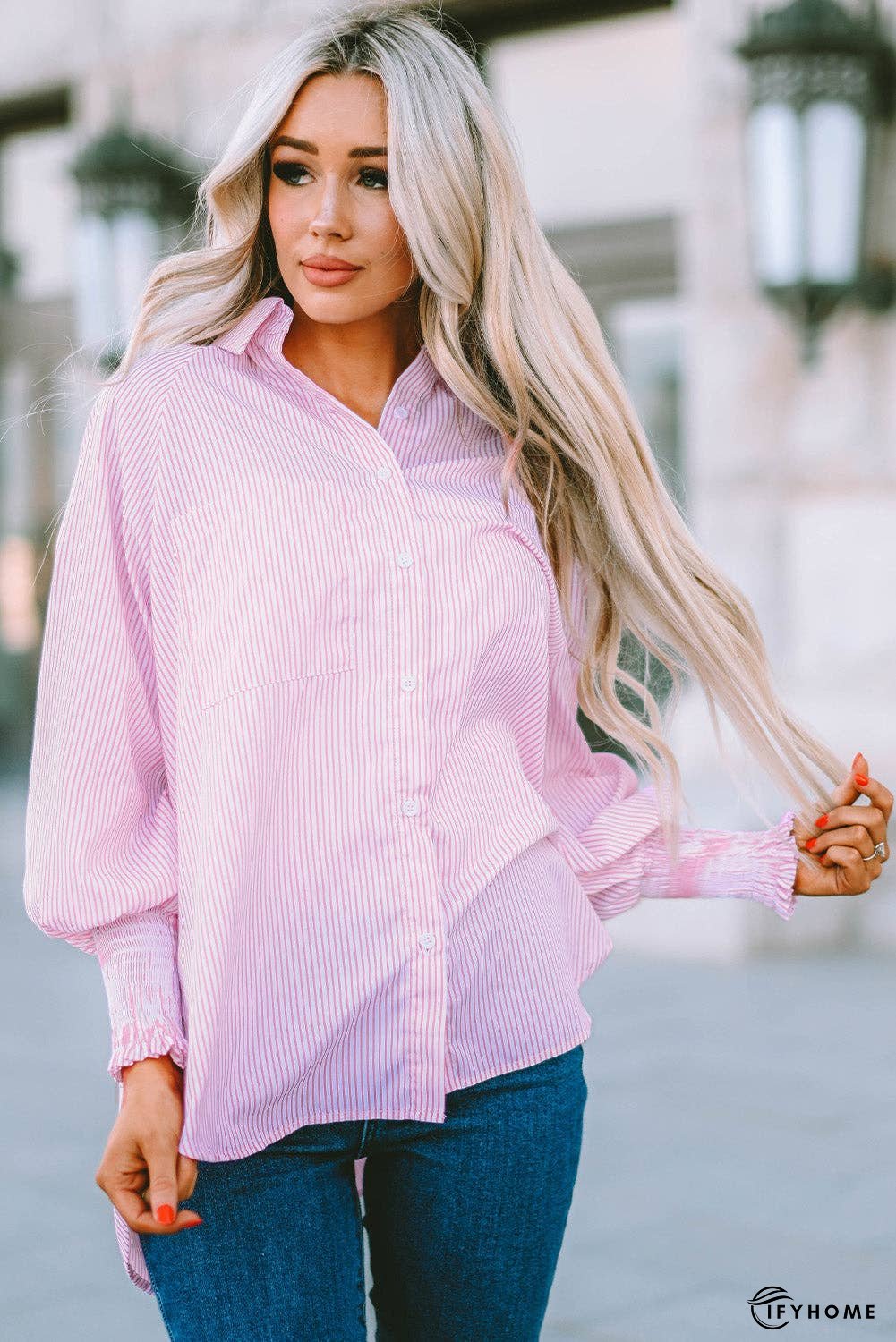 Striped Lantern Sleeve Collared Shirt | IFYHOME
