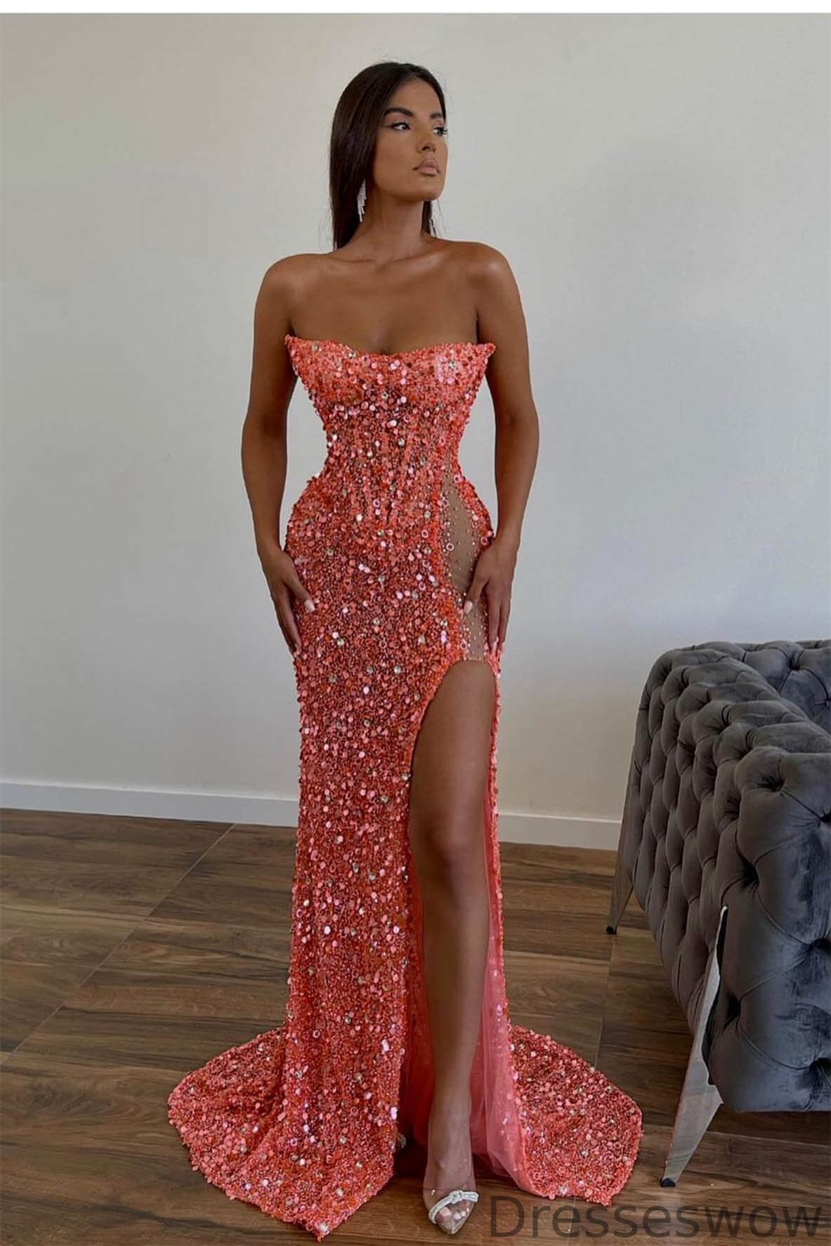 Dresseswow Strapless Sequins Mermaid Prom Dress Long Split Online