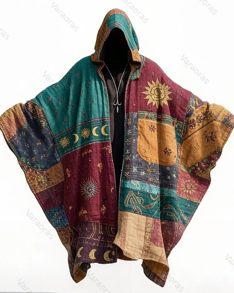 Men's Summer Fashion Star and Moon Print Color Block Linen Hooded Cape 5997