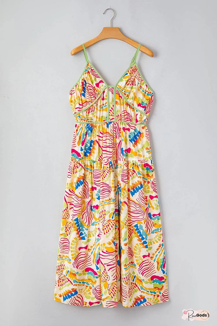 Abstract Print Spaghetti Strap Piping Detail Maxi Dres