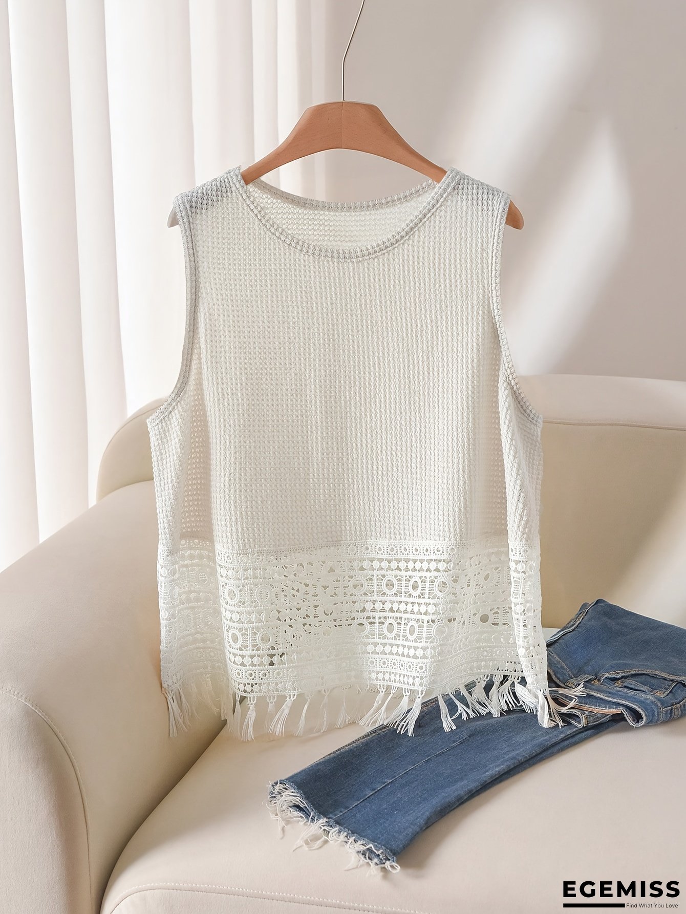Women's White Sleeveless Lace Trim Round Neck Tank Top - Elegant Beachwear Blouse, Lightweight Summer Shirt for Casual & Formal Outfits, Machine Washable Non-Stretch Round Neck Blouse (No), Tops For Women, Sleeveless Tops For Women, Summer Tops For Women | EGEMISS