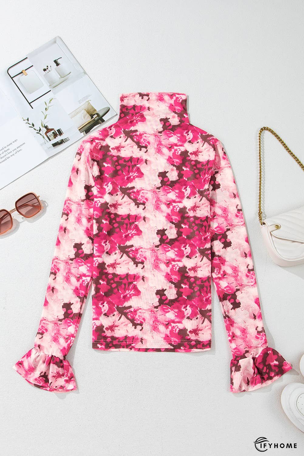Floral Mesh Flounce Sleeve Mock Neck Blouse | IFYHOME