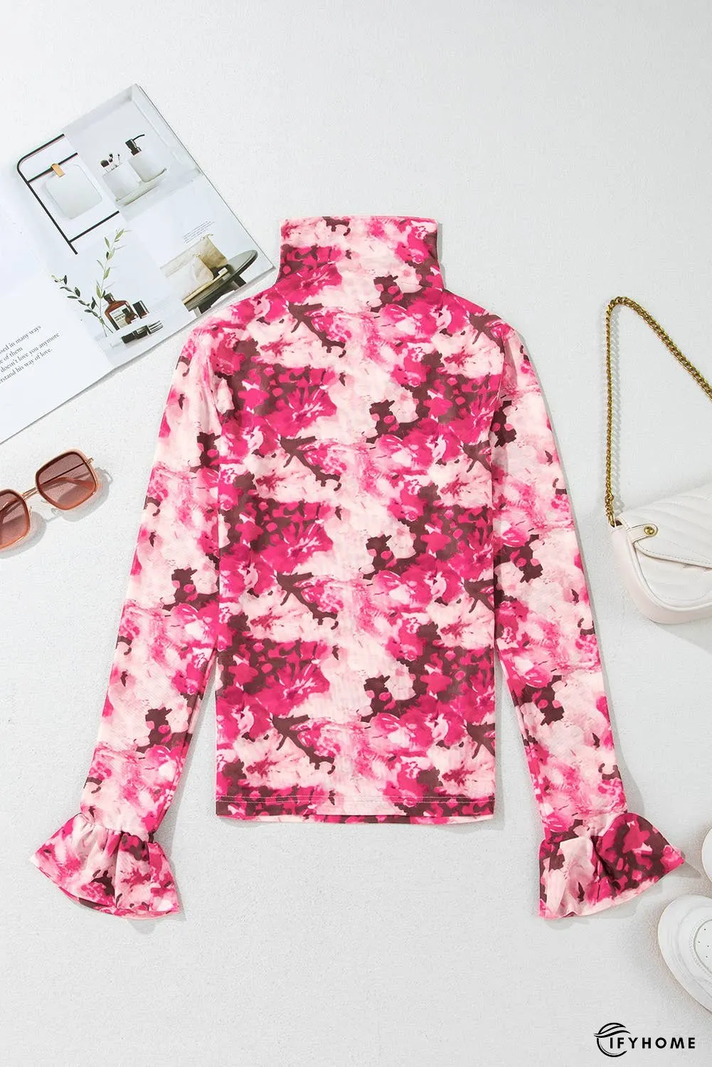 Floral Mesh Flounce Sleeve Mock Neck Blouse | IFYHOME