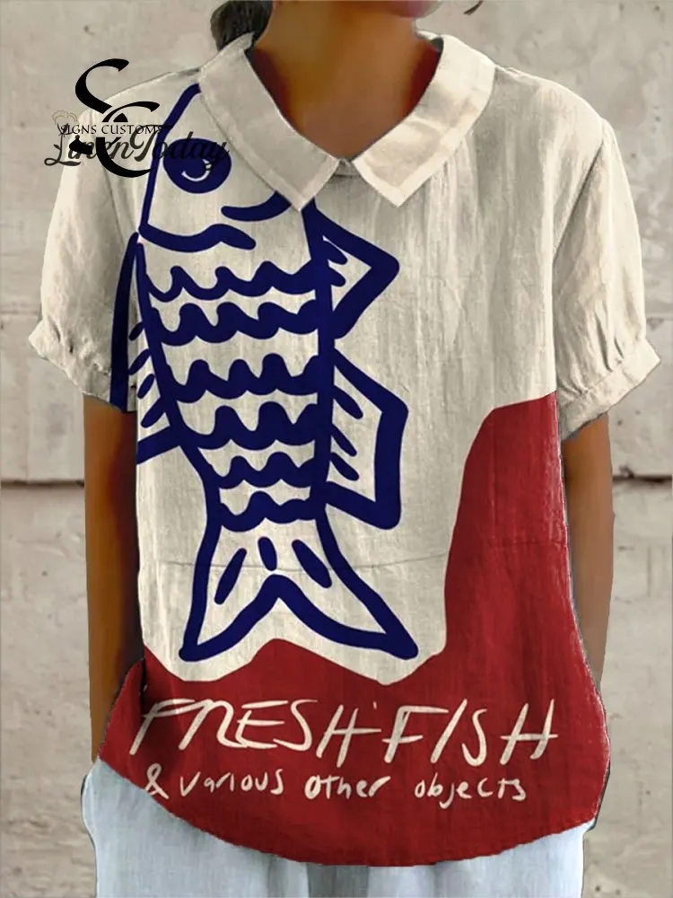 Women's Vintage Fish Art Print Casual Cotton And Linen Shirt