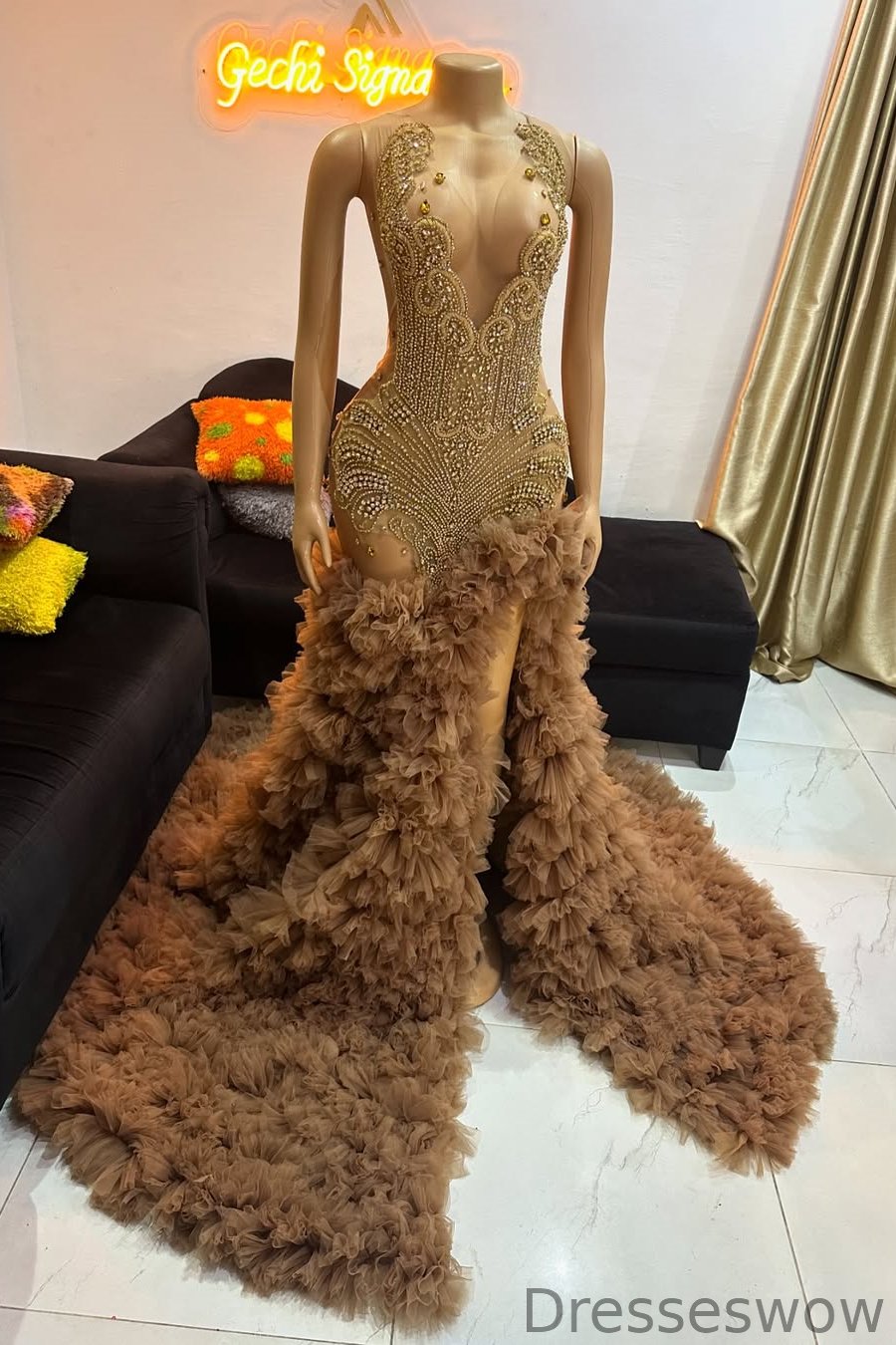 Dresseswow Brown Sleeveless Mermaid Long Prom Dress Beadings With Tulle Ruffles Split