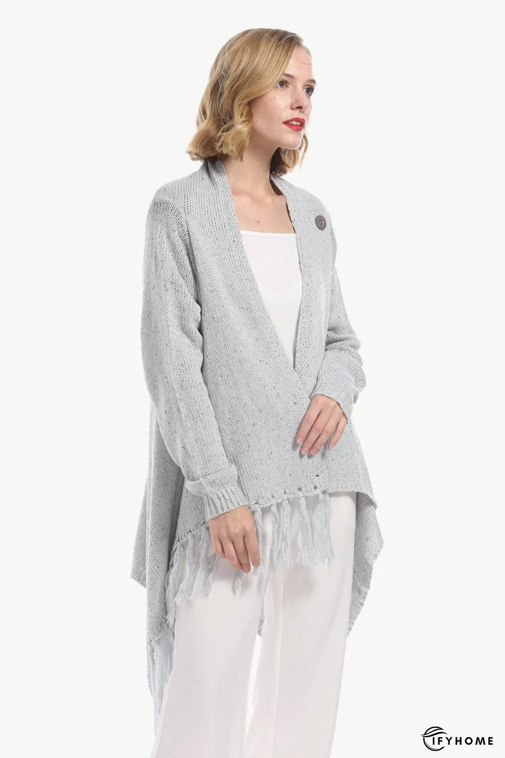 One-Button Tassel Tie Asymmetrical Hem Cardigan | IFYHOME
