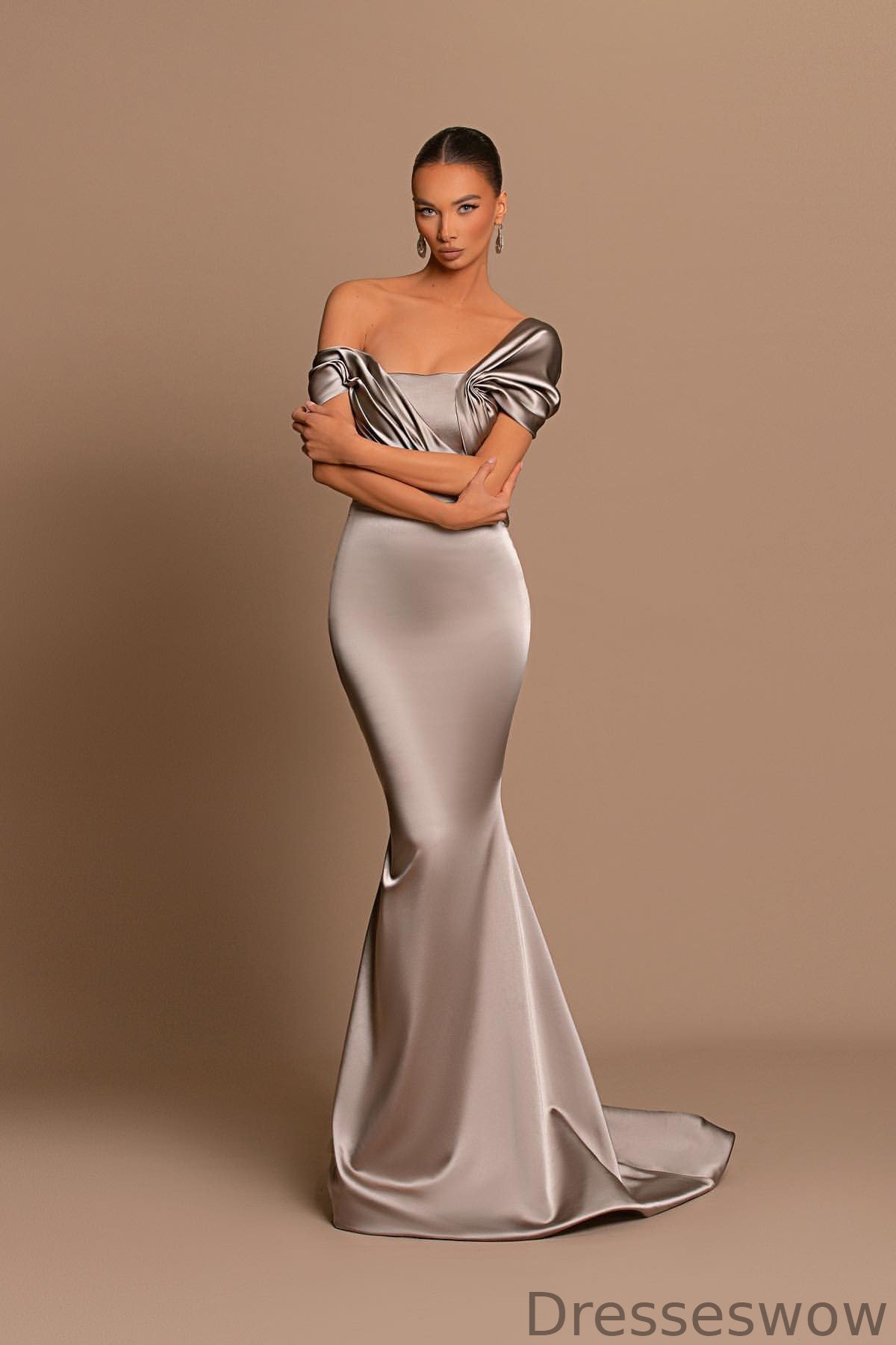 Dresseswow Off-the-Shoulder Mermaid Prom Dress Sleeveless With Pleats