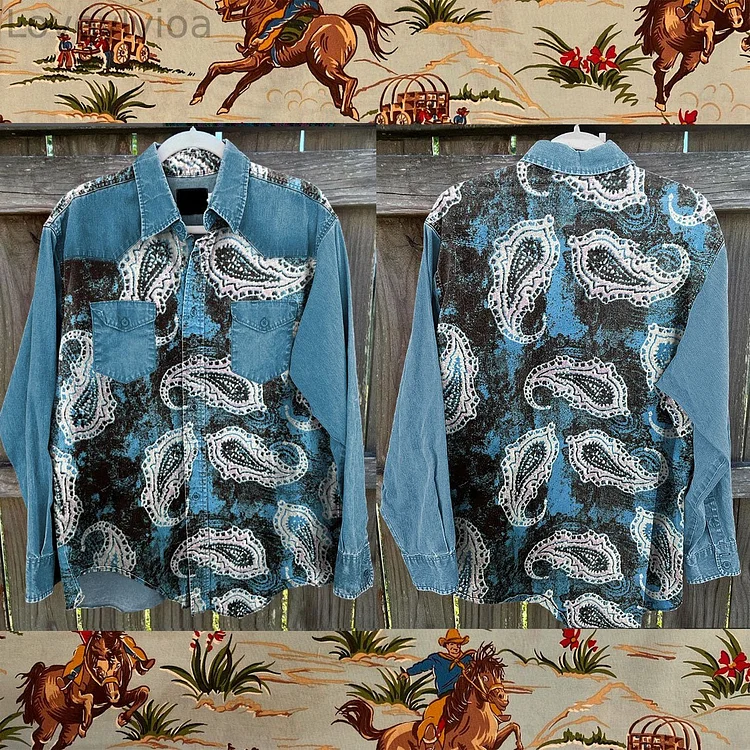 Vintage Wrangler Country Cowboy Patchwork Print Casual Shirt