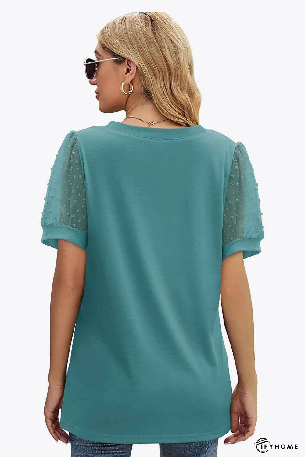 Swiss Dot Puff Sleeve V-Neck Tee | IFYHOME