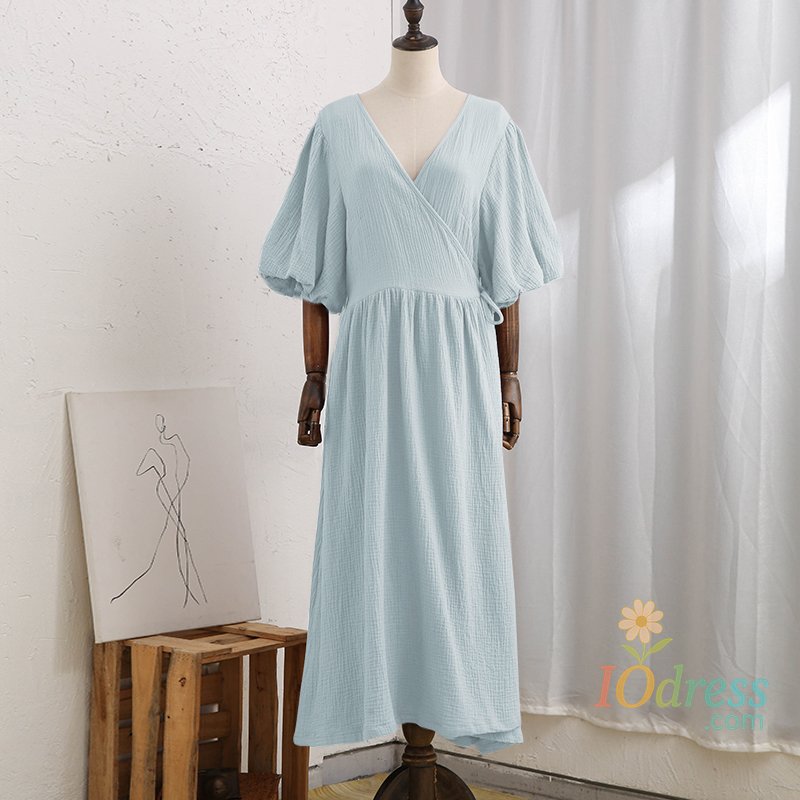 IO Dress Causal 100% Cotton Women's Dress Vintage Crepe Gauze V-Neck Puff Sleeve Bandage Lace Up Elegant White Dresses Long Maxi Robe