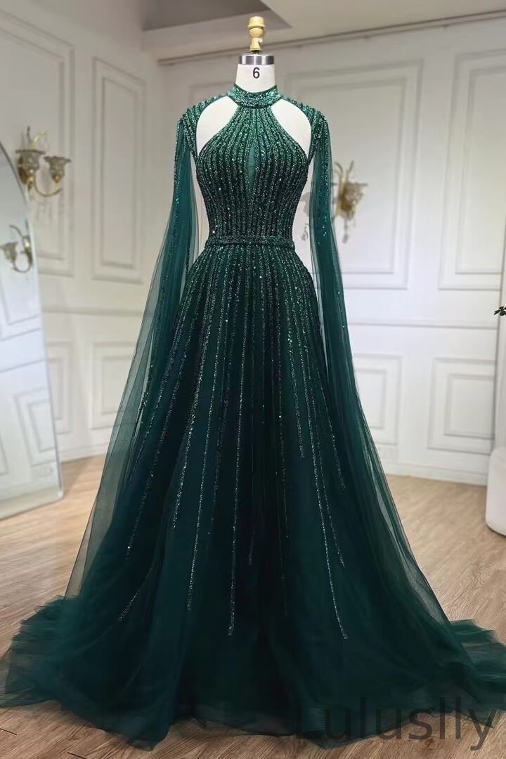 Luluslly High Neck A-Line Formal Prom Dresses With Beads On Sale Ruffle Sleeves