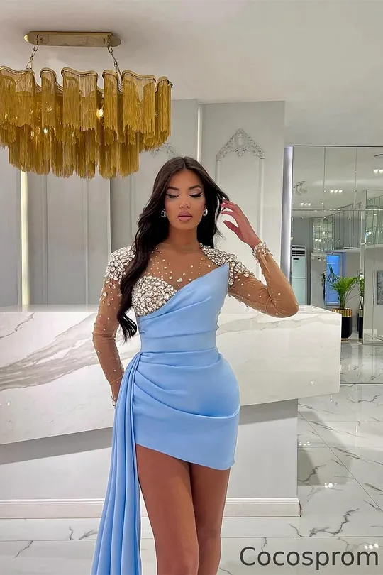 homecoming dresses with puff sleeves Light Blue Satin Hi-Low Puff Sleeves Homecoming Dress Light Blue / US 10 main image 0