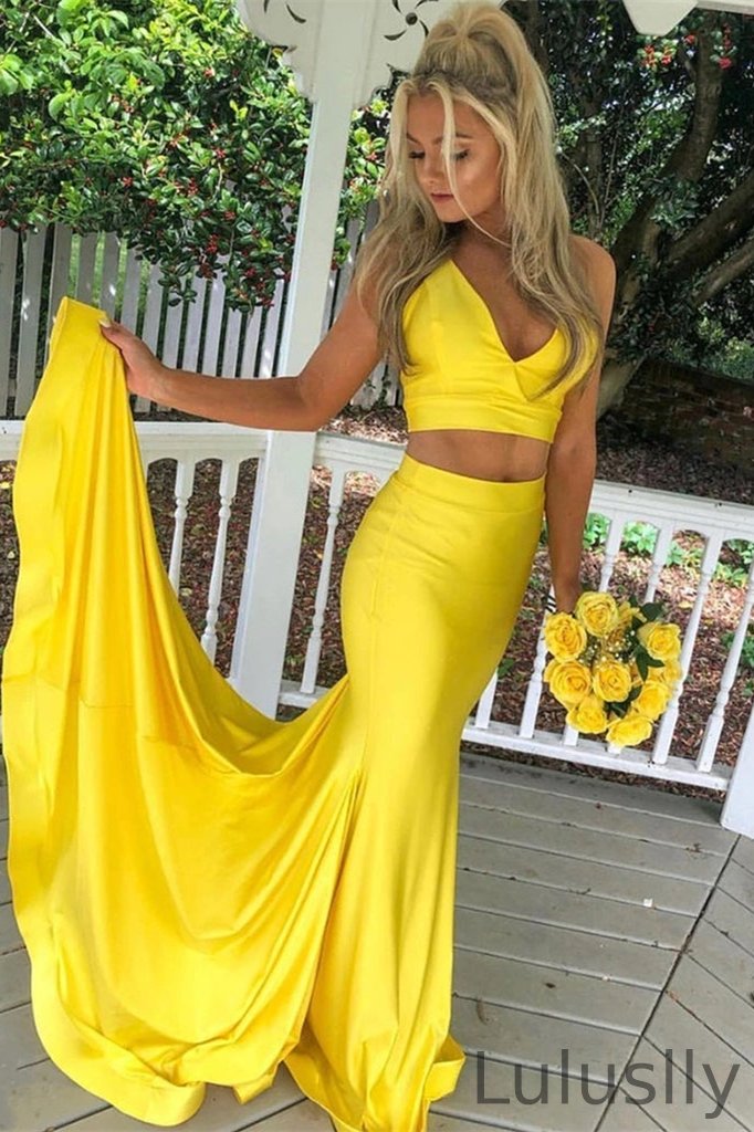 Luluslly Two Pieces Yellow Mermaid Prom Dress Long