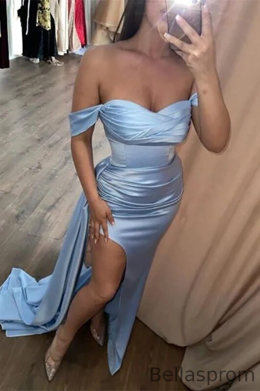 Bellasprom Sky Blue Off-the-Shoulder Sweetheart Mermaid Prom Dress With Split Ruffles Bellasprom