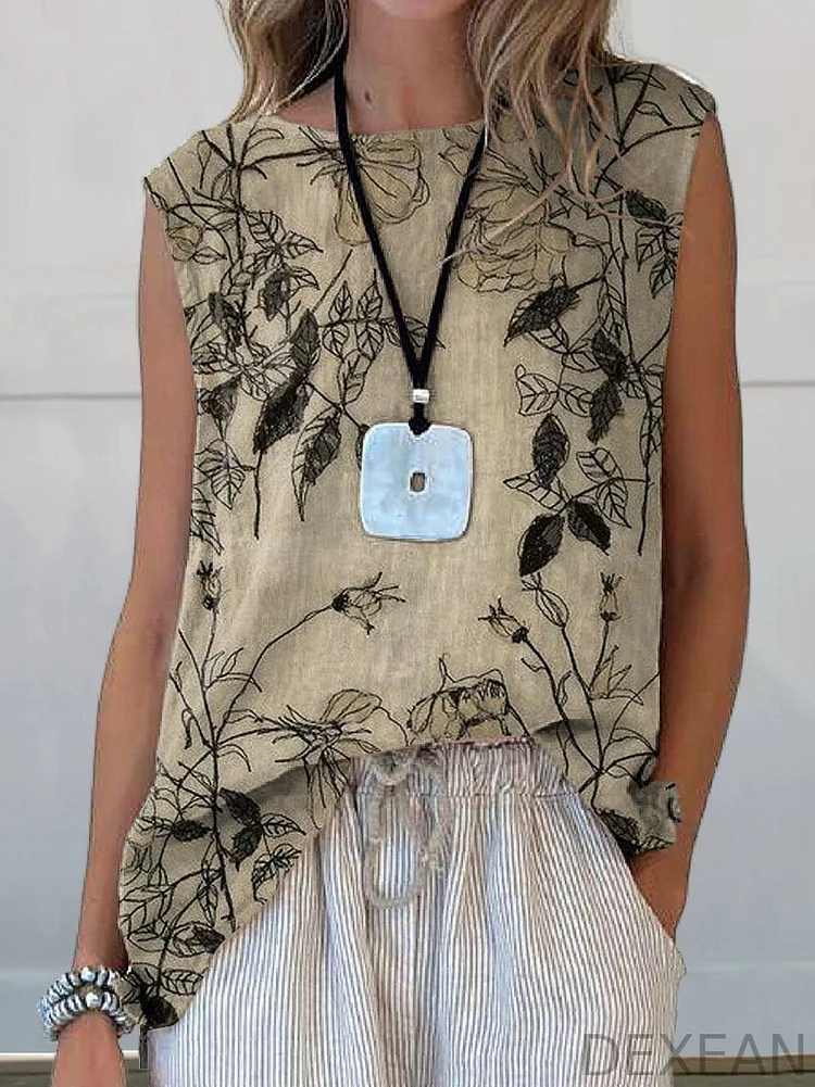 Women's Retro Elegant Floral Art Print Casual Cotton And Linen Tank Top