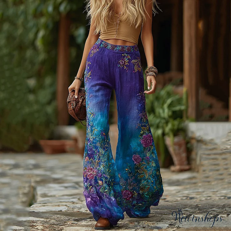 Classy Vintage Purple And Blue Lavender Patchwork And Floral Embroidered Art Gradient Linen Pants