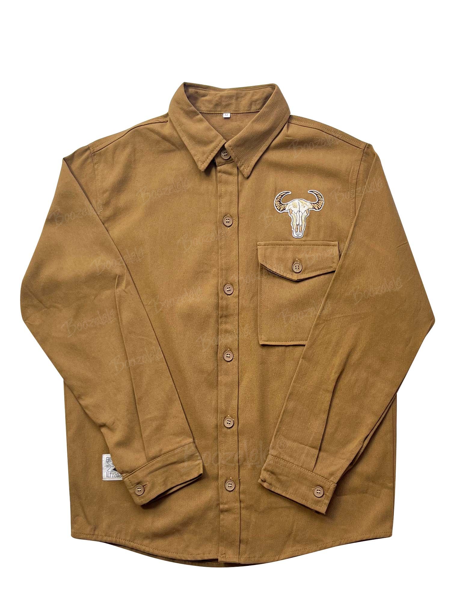 【Embroidery】Western Cow Skull - 100% Cotton Long-Sleeved Shirt