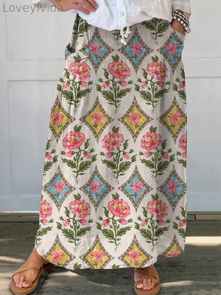 Vintage Floral Print Women's Linen Pocket Skirt