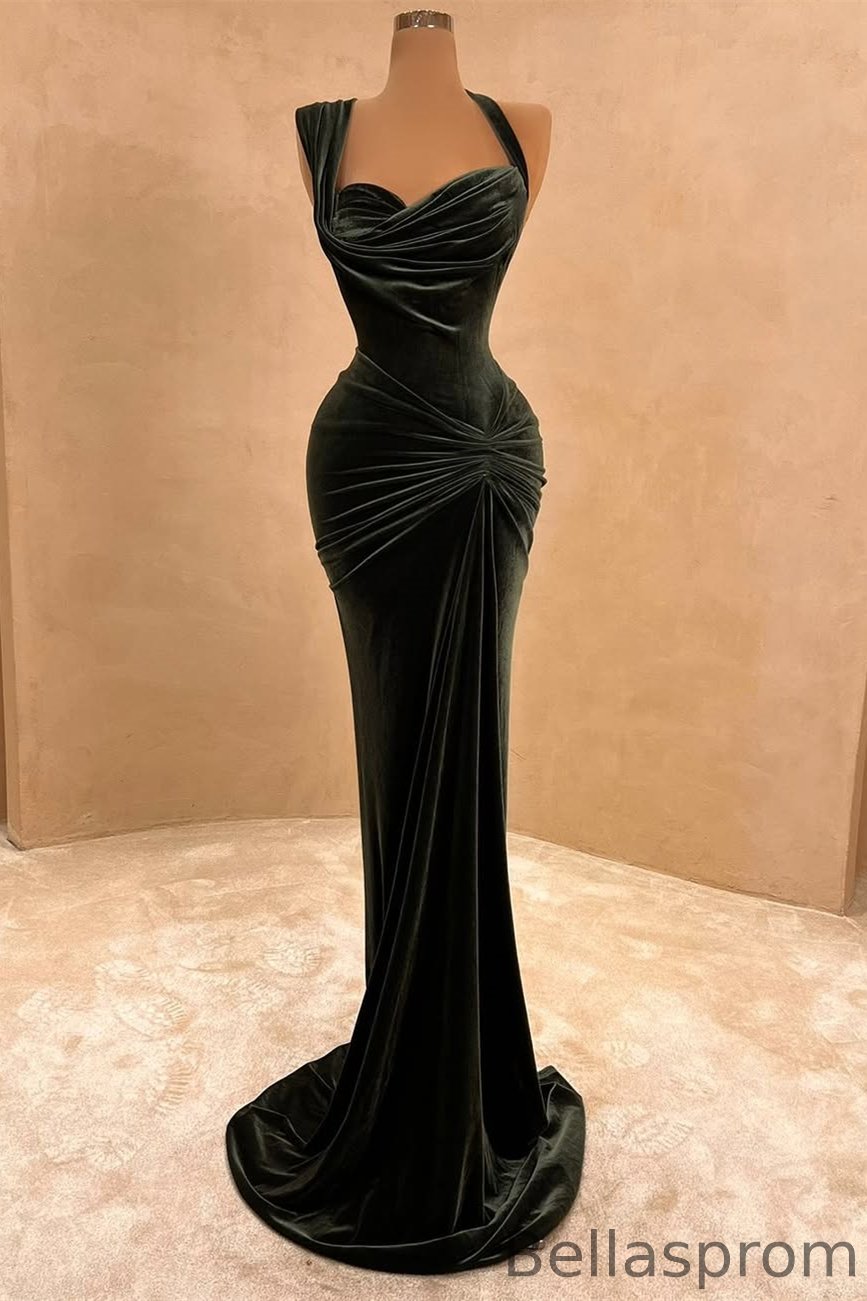 Bellasprom Halter Velvet Sweetheart Sleeveless Mermaid Prom Dress With Pleats On Sale Bellasprom