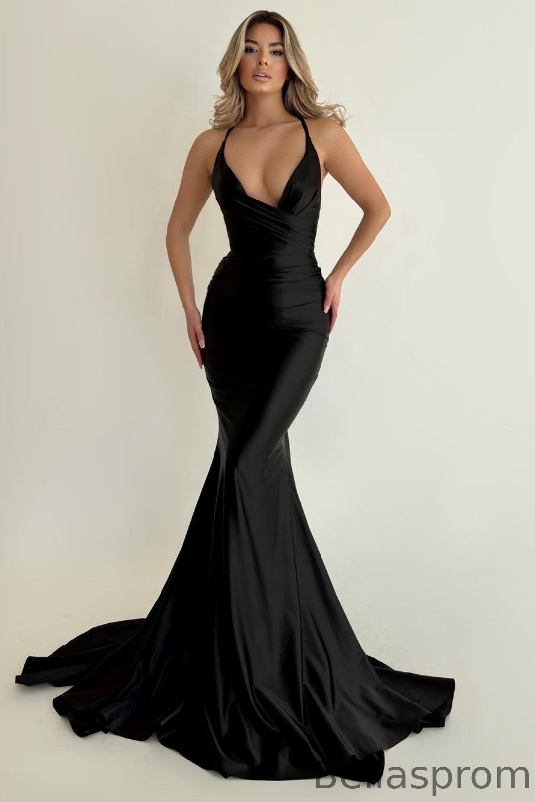 Bellasprom Black Halter Sleeveless V-Neck Mermaid Prom Dress On Sale Bellasprom