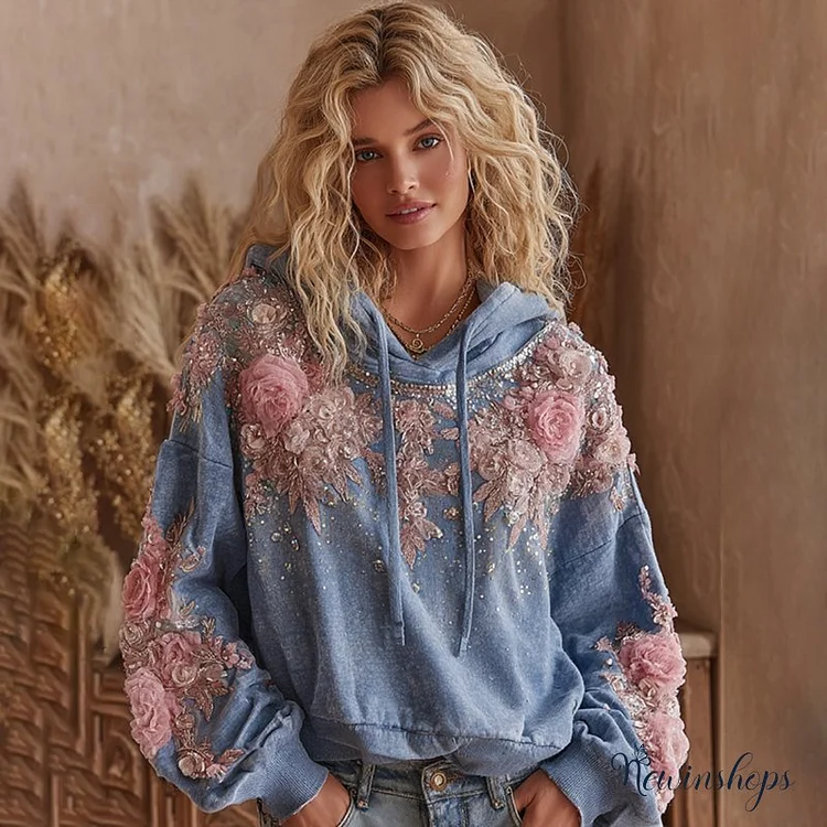 Women's Pink Rose Embroidered Art Casual Hoodie