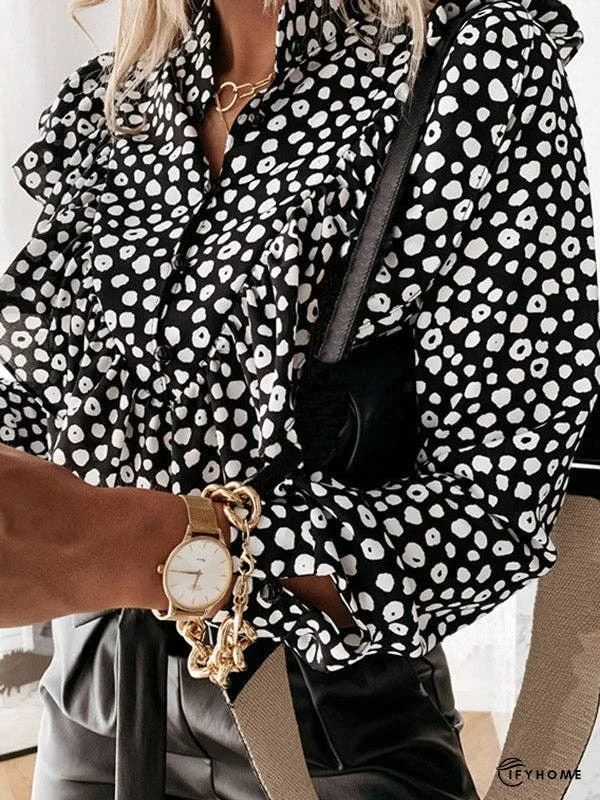 Long Sleeves Loose Pleated Polka-Dot Split-Joint Stand Collar Blouses | IFYHOME