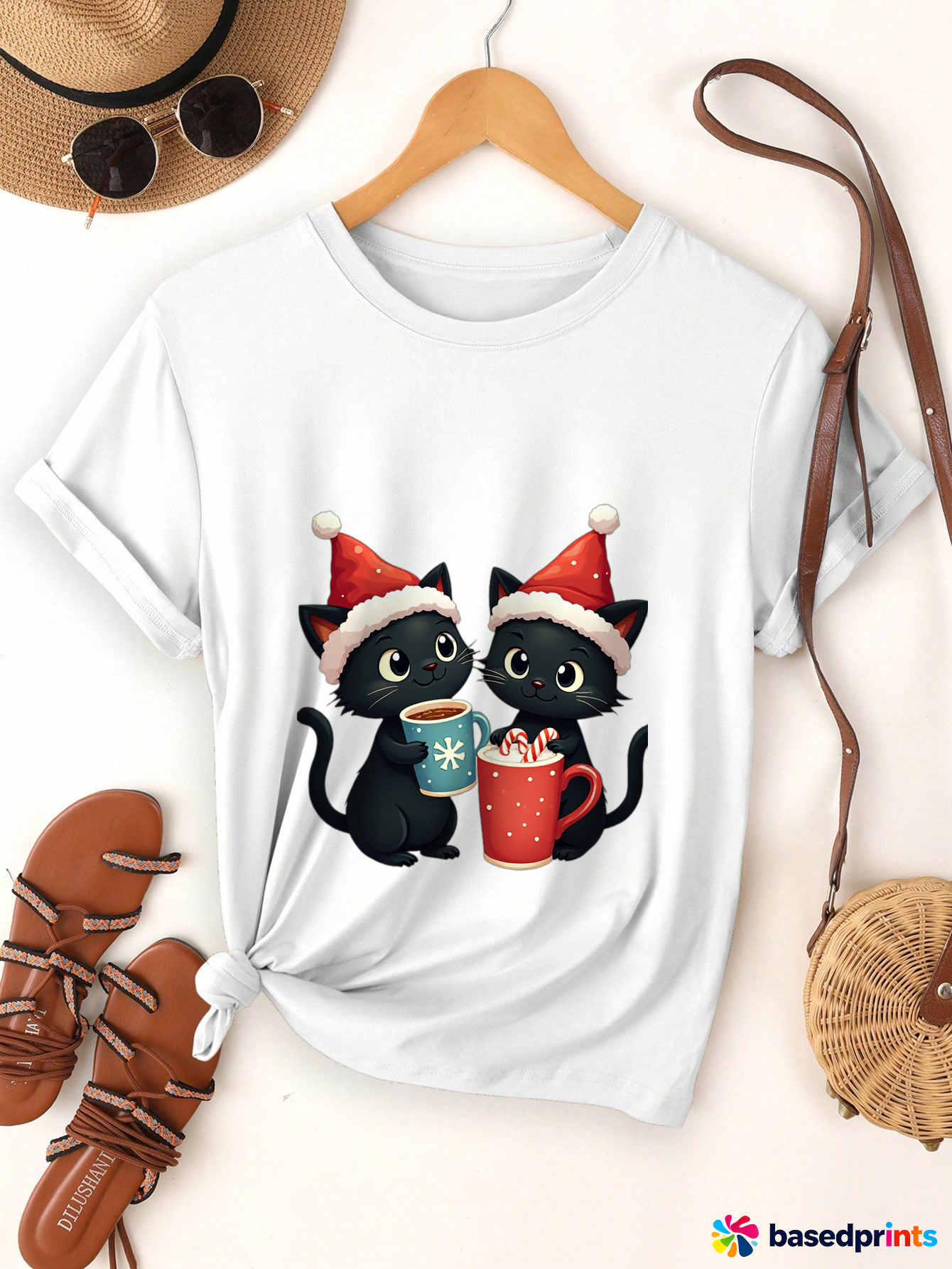 Christmas Black Cat Couple T-Shirt Women Casual Short Sleeve Tops