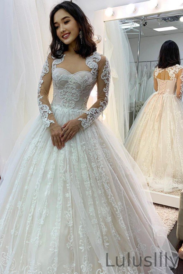 Classic Sweetheart Long Sleeves Lace Backless Tulle Wedding Dress With Appliques - lulusllly