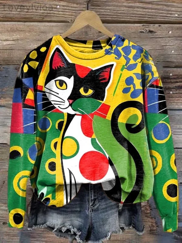 Stylish Art Cat Print Sweatshirt