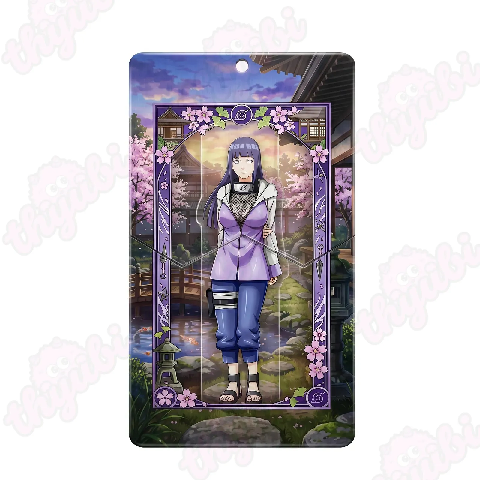 Sliding Pull-Tab Acrylic Keychain & Magnet &ndash; Gentle Purple-Haired Anime Girl in White-Purple Ninja Outfit, Japanese Garden with Koi Pond, Sakura & Wisteria Border - thyubioffcial