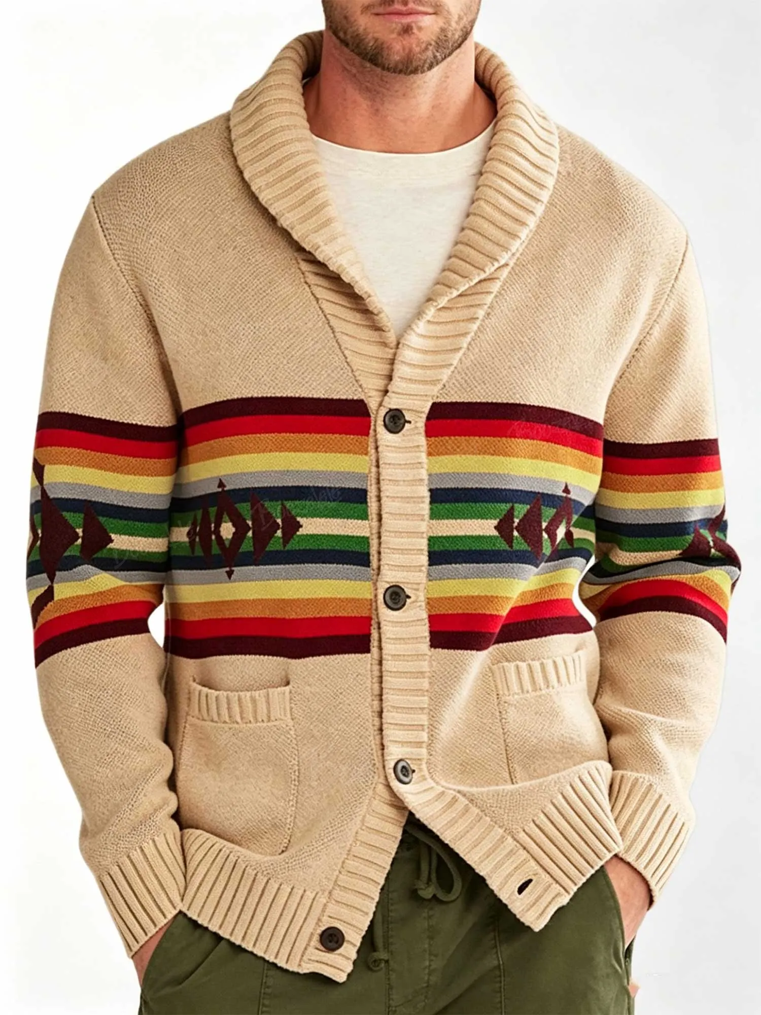 Vintage Navajo Tribal Jacquard Color Block Long Sleeve Button Knit Jacket