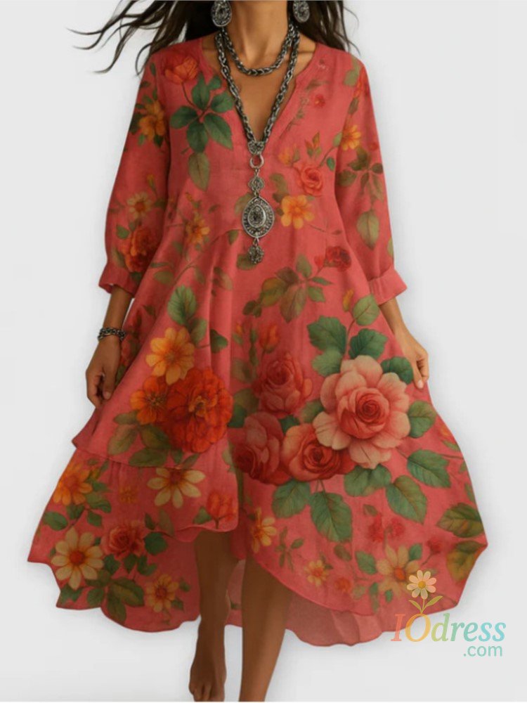 IO Dress Casual Loose Retro Printed 7-quarter Sleeve Women's Dresses Spring Autumn Fashion Elegant Female Seaside Vacation Robe Dress2025 IO Dress