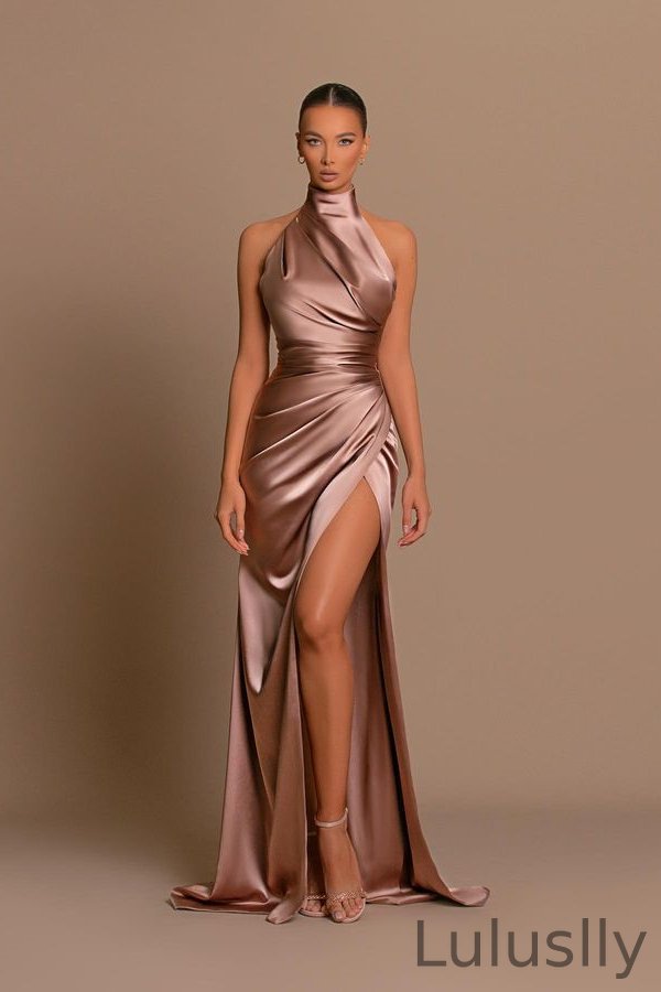 Luluslly High Neck Sleeveless Prom Dress Mermaid Slit Long With Pleats