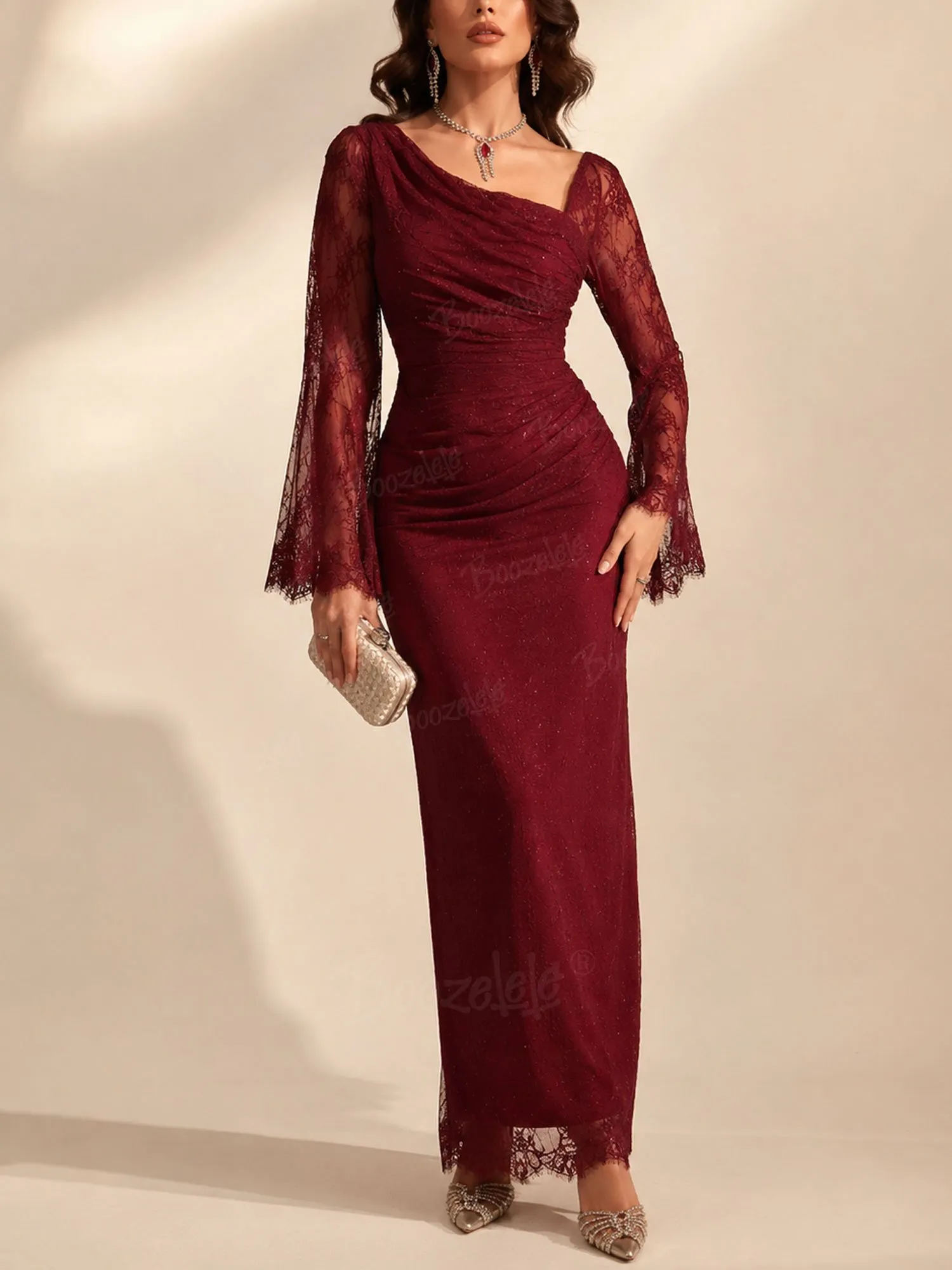 Must-Have for Luxury Holiday Parties &mdash; 2026 S/W, Deep Burgundy, Vintage Bell Sleeves, Premium Sheer Lace Fitted Maxi Dress