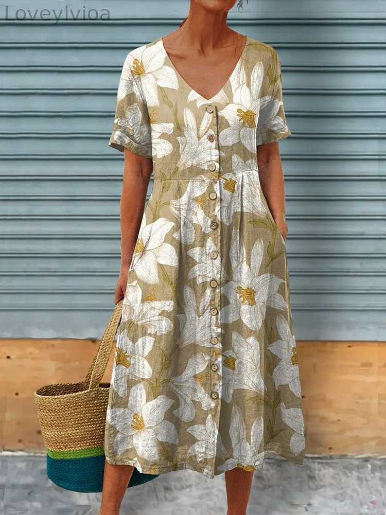 Flower Art Printed Women's Linen Pocket Tunic Dress