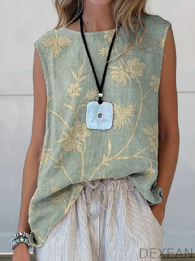 Women's Retro Elegant Floral Art Print Casual Cotton And Linen Tank Top