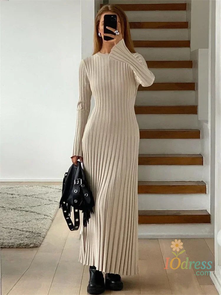 IO Dress Tossy Lace-Up Female Knit Maxi Dress Autumn High Waist Fashion Patchwork Long Sleeve Loose Solid Dress Bandage Knitwear Dress