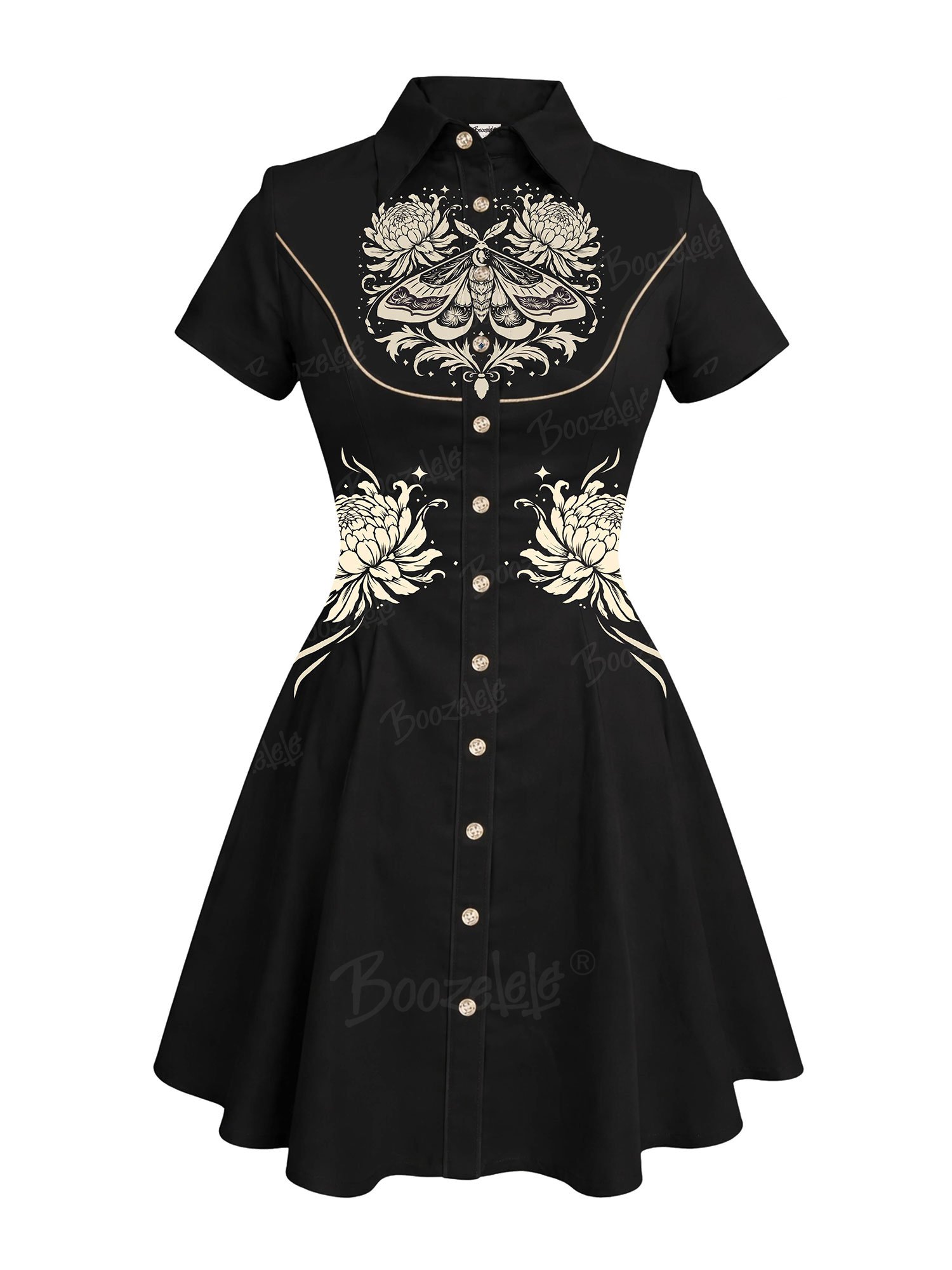 【Josie X Boozelele】Daily Wear & Special Events, Black Moth & Floral Cotton A-Line Western Shirt Dress