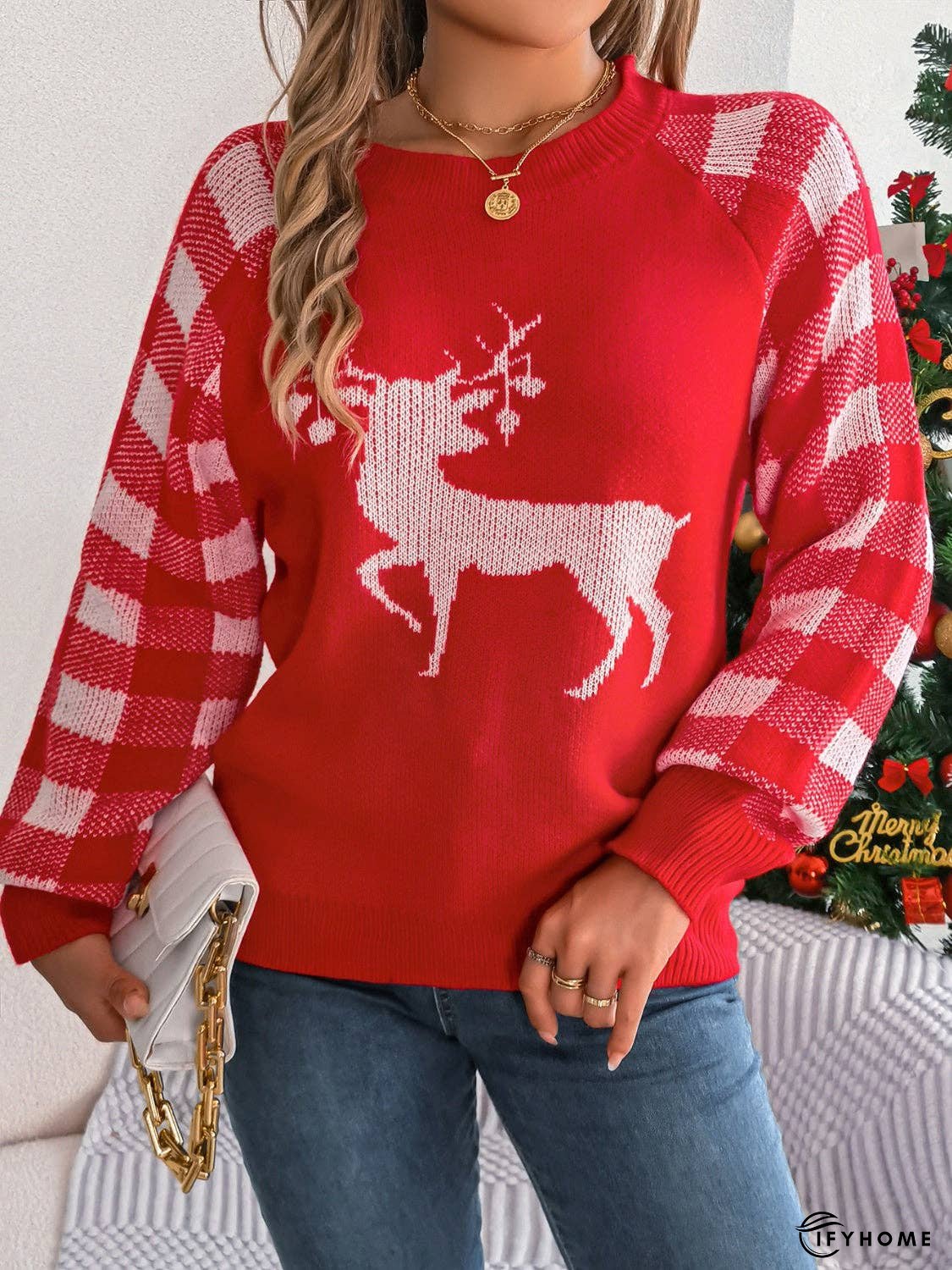 Reindeer Plaid Round Neck Long Sleeve Sweater | IFYHOME