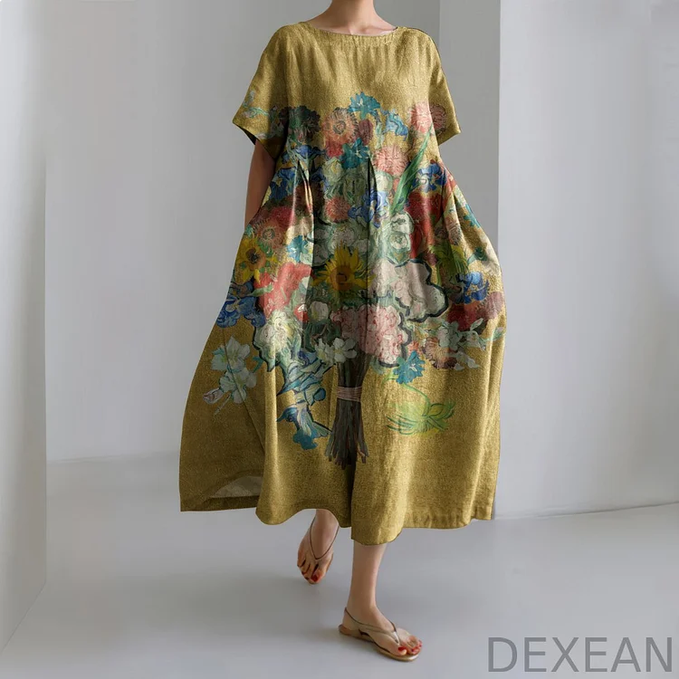 Vintage Oil Painting Bouquet Art Cotton Linen Dress