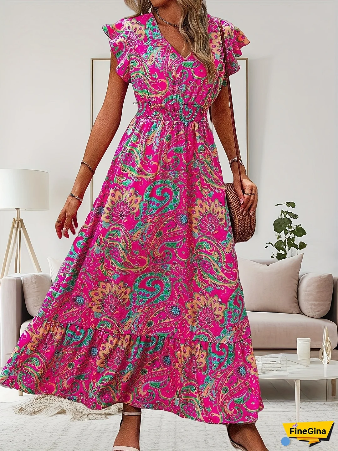 [Elegant Maxi Dress] Elegant V-Neck Floral Print Maxi Dress | Women's, Ruffle Sleeves, Cinched Waist, Flared Hem - Perfect For Summer Holiday, Casual To Formal Wear