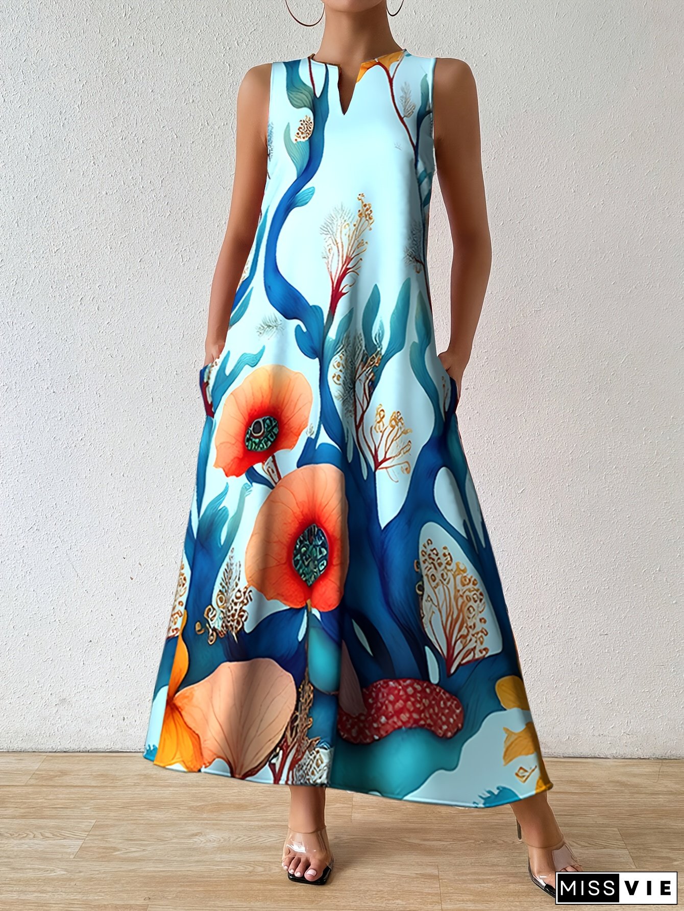 Women's Casual Sleeveless A-Line Dress with Vibrant Floral Print, Side Pockets & Zipper Back - Machine Washable Round Neck Spring Summer Dress for Beach, Picnics, Casual Outings, Cute Summer Dresses, Picnic Clothing, Beach Attire, Lightweight Fabric