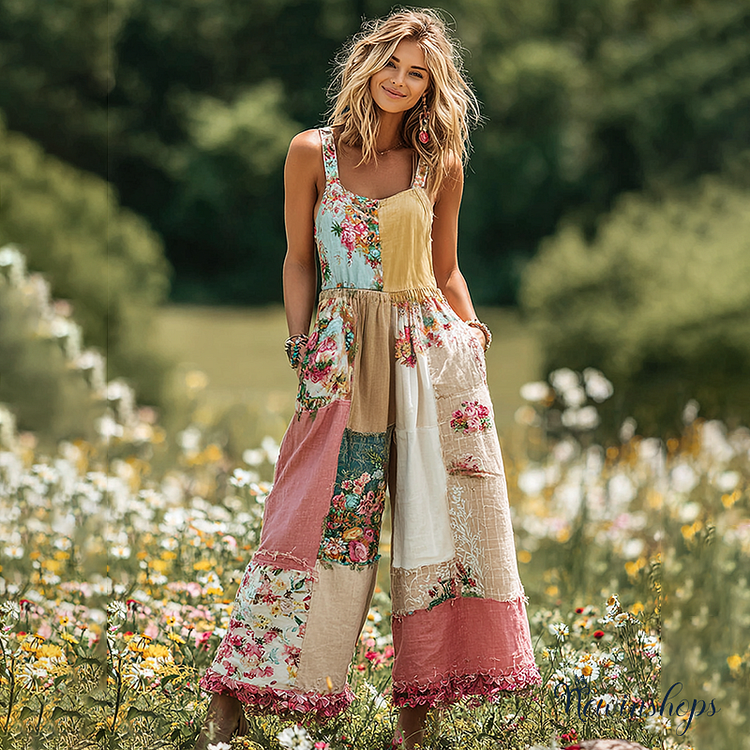 Women's Vintage Floral Patch Art Print Comfy Jumpsuit