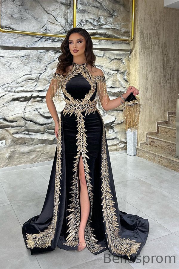 Bellasprom High Neck Mermaid Evening Dress Front Split Detachable Skirt With Gold Sequins Tassels Bellasprom