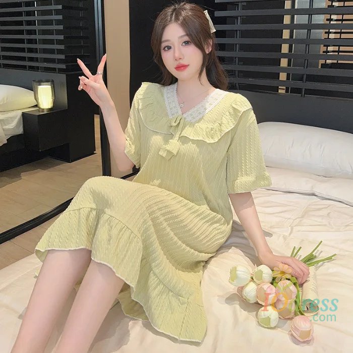 IO Dress 5XL Plus Size Short Sleeve Nightgown Women Japanese Ins Style Pajamas Cotton Homewear Summer Solid Loose Home Dress Sleepwear