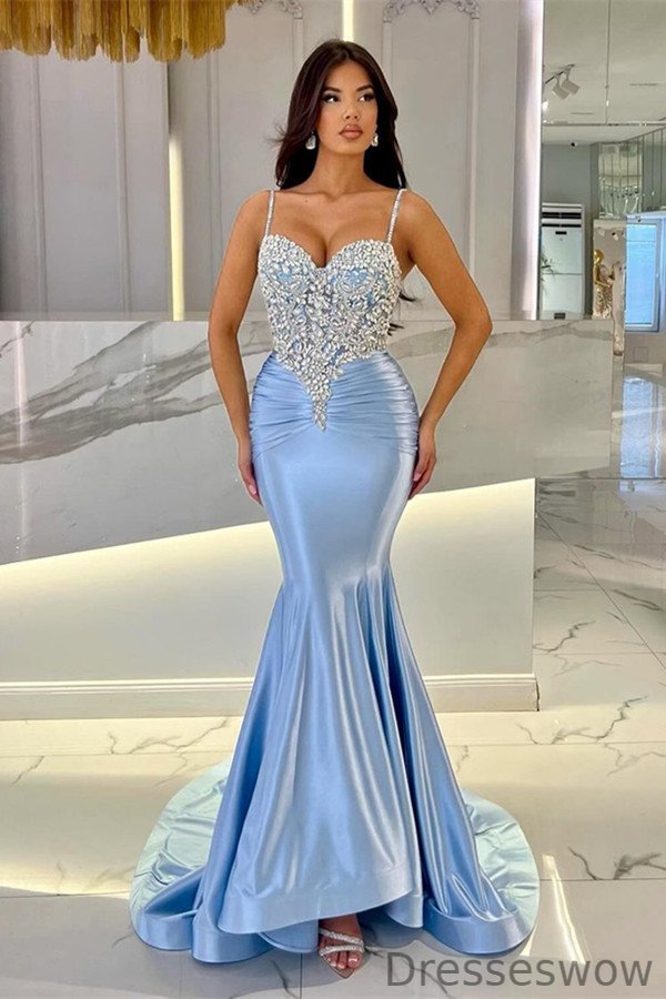 Dresseswow Spaghetti-Straps Sleeveless Evening Dress Mermaid Long With Crystals