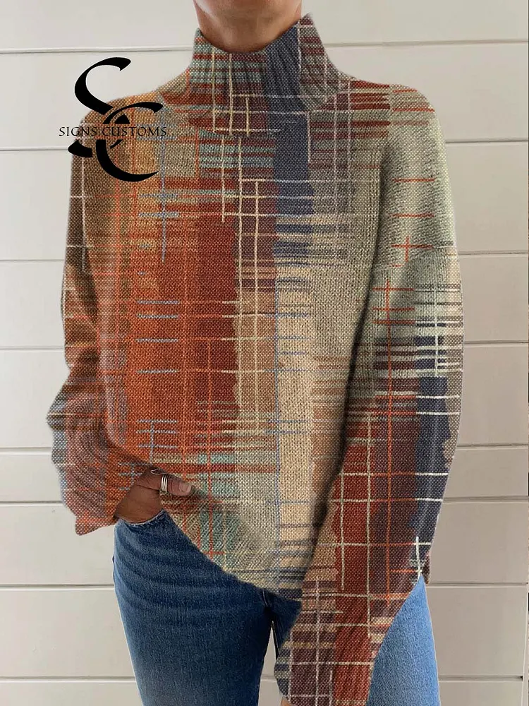 Women's Art Gradient Abstract Lines Print Knit Turtleneck Pullover Sweater