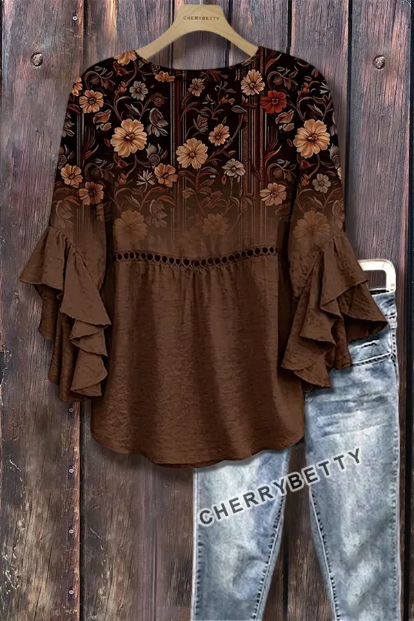 トップス cherryboy407 Retro Floral Print Ruffle Neck Frayed Hem Top